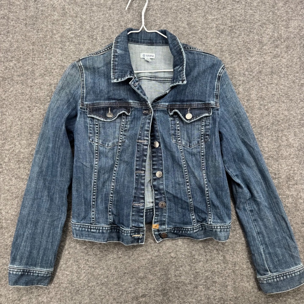 Susina Womens Medium Dark Wash Blue Denim Trucker Jacket Stretch Cotton Blend